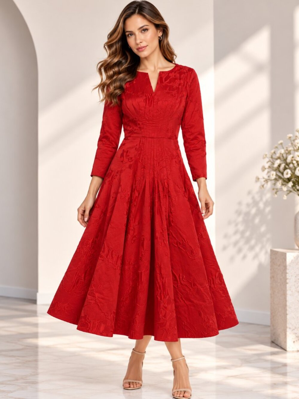 Oscar de la Renta Red Textured V-Neck Evening Gown Dress Size M
